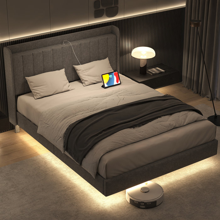 Ivy Bronx LED Upholstered Bed Frame Floating Bed Frame With Wingback